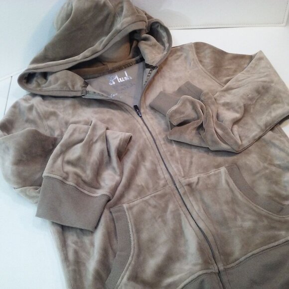 Vintage Y2K Plush &Lush Velour Hoodie Top Jacket Lady-M Zip Pockets Shimmer Tan - Picture 11 of 14
